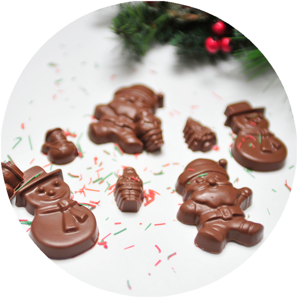 Molded chocolate santas and molded chocolate snowmen - made in Iowa.
