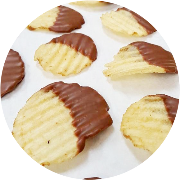 Chocolate covered potato chips are featured in Kalona Chocolates' Novelty Gift Collections.