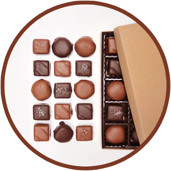 A chocolate collection of 15 handmade caramels from Kalona, Iowa.