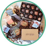 Large birthday chocolate gift boxes include a card and handmade chocolates from Kalona, Iowa.