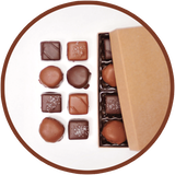 A small handmade chocolate collection of 8 caramels from Kalona, Iowa.
