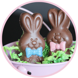 Cute chocolate bunny from Kalona Chocolates, with colored bow ties.