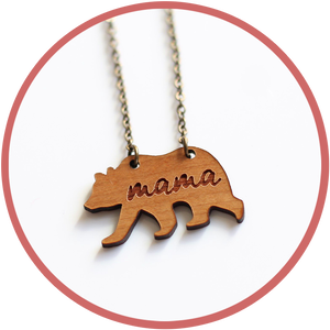Mama Bear necklace made in Kalona Iowa by woodworkers with cherry wood.