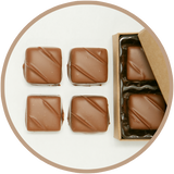 Mini box of chocolate covered handmade caramels from Kalona, Iowa.
