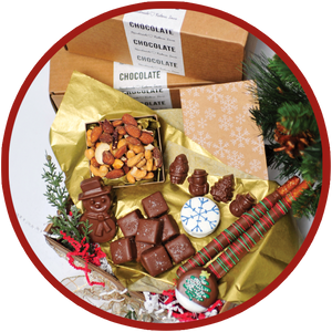 Small box of handmade chocolates to ship friends and family during the Christmas 2020 season. The chocolates are handmade in eastern Iowa.