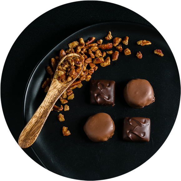Chocolate confections made with nuts in Kalona Iowa. Perfect Iowa gifts and chocolate nut gifts!