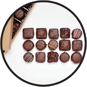 Handmade dark chocolates, packaged in a beautiful gift box. Made in Kalona, Iowa.