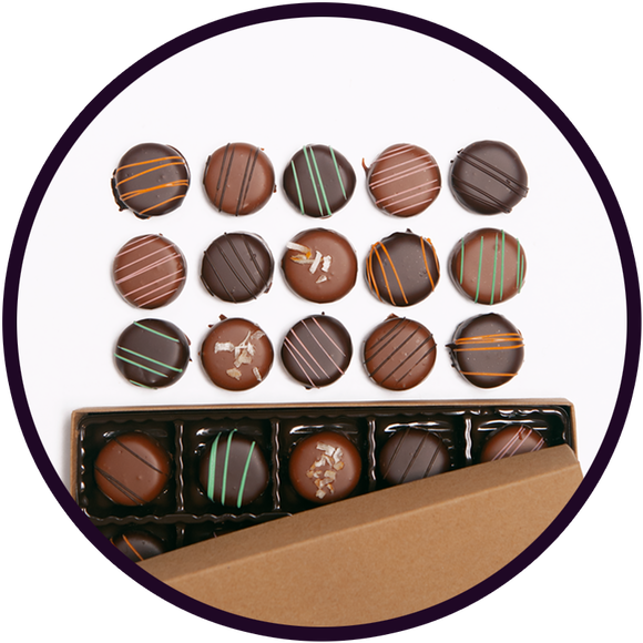 Gift box of handmade flavored truffles made in Kalona, Iowa.