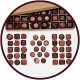 Handmade milk chocolates and dark chocolates collection in a large gift box.