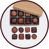 Handmade milk chocolates and dark chocolates collection in a small gift box.