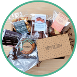 Birthday chocolate gift boxes include a birthday card and handmade chocolates from Kalona, Iowa.