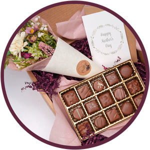 A handmade chocolate collection and flowers gift box for mothers day.