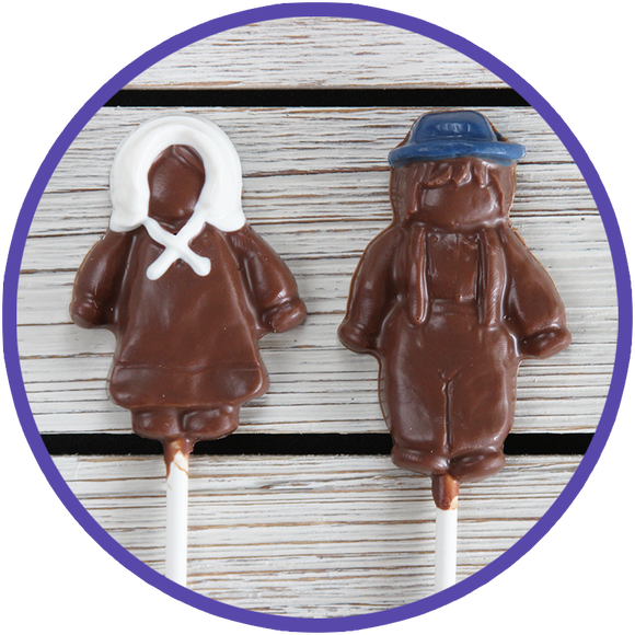 Chocolate lollipops made in Kalona, Iowa of Amish boy and Amish girl from the Kalona Amish community.
