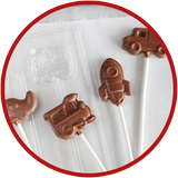 Chocolate kid gifts are so cute! We make airplanes, trains, rockets, trucks, and tractor chocolate lollipops.