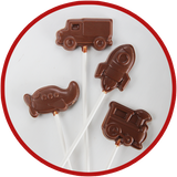 Hand molded chocolate lollipops make great gifts for kids! We have trucks, planes, rockets, and trains.