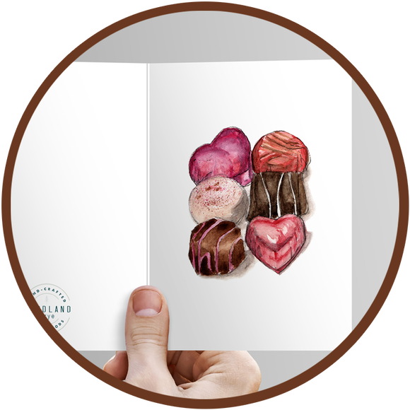 Greeting card with painted chocolates to include with a gift box of chocolates.