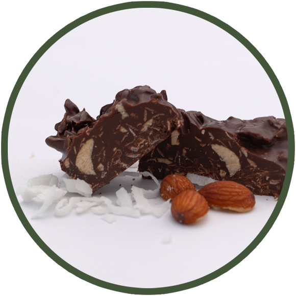 Salted almonds and coconut flakes dipped in dark chocolate make a nutrient-packed chocolate treat!