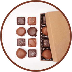 A chocolate collection of 15 handmade caramels from Kalona, Iowa.