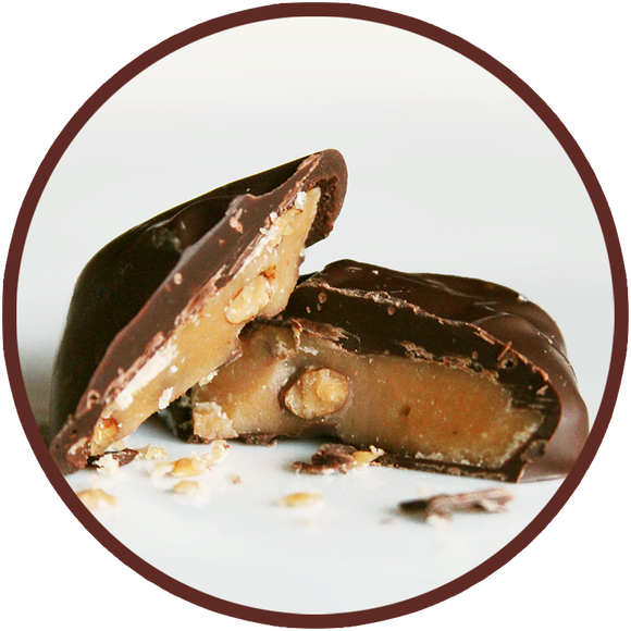 Cripsy english toffee covered in dark chocolate with pecans