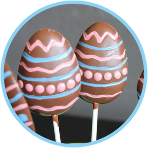 Easter egg chocolate lollipops by Kalona Chocolates. Hand decorated and made for Easter specials in Kalona, Iowa
