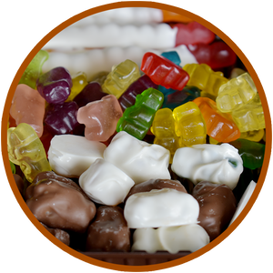 Chocolate covered gummy bears and chocolate covered gummy bears by Kalona Chocolates. White chocolate and milk chocolate!