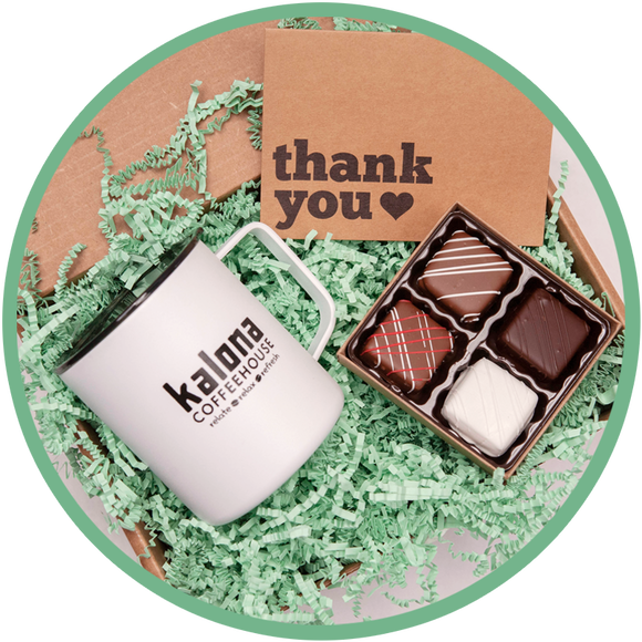 A coffee lovers thank you gift box that has java bites chocolates, kalona coffee house cup, and thank you card.