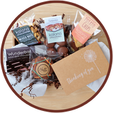 The small Just Because gift box includes a thinking of you card and handmade chocolates from Kalona, Iowa.