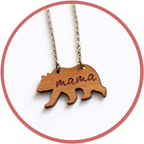 Mama Bear necklace made in Kalona Iowa by woodworkers with cherry wood.