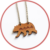 Mama Bear necklace made in Kalona Iowa by woodworkers with cherry wood.