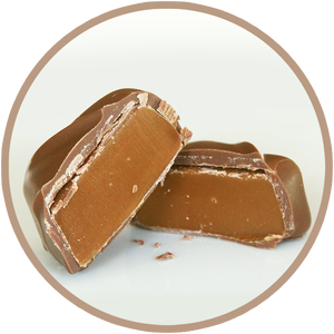 Soft & creamy homemade caramel covered in dark chocolate made in Kalona, Iowa