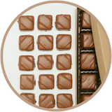 Large gift box of chocolate covered caramels from Kalona, Iowa.