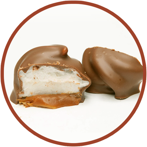 Carmallows are caramel and marshmallow together in a delicious chocolate treat!