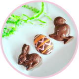 Mini molded Easter chocolates - eggs, rabbits, and chicks by Kalona Chocolates in Iowa
