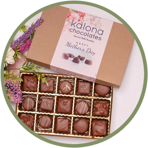 Mother's Day chocolate box with delicious handmade chocolates from Kalona, Iowa and a special Happy Mother's Day label.