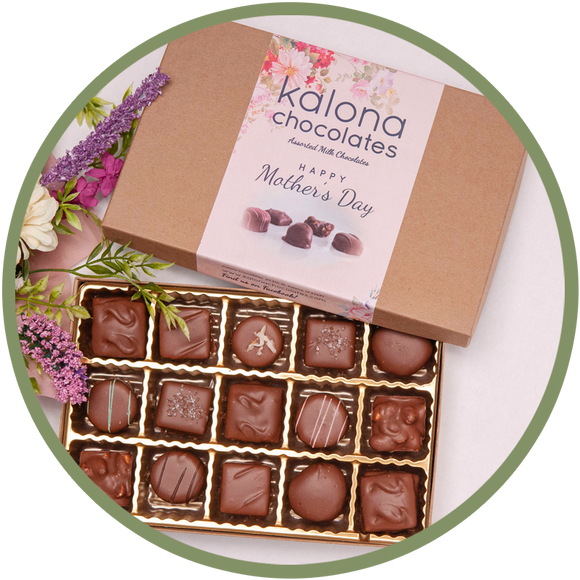 Mother's Day chocolate box with delicious handmade chocolates from Kalona, Iowa and a special Happy Mother's Day label.