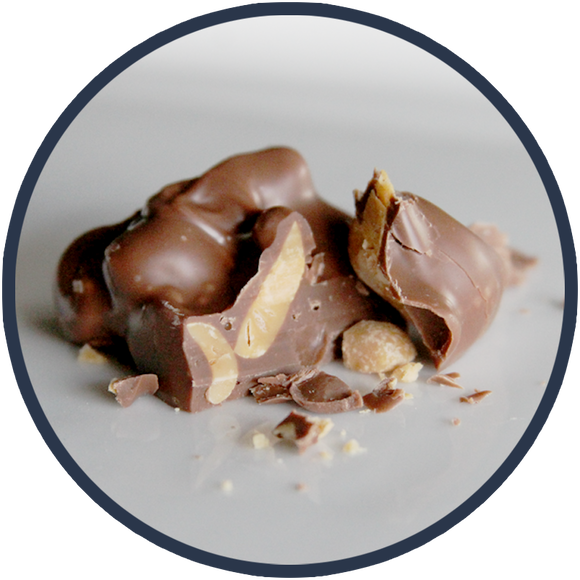 Peanuts covered in chocolate! Delicious peanut cluster made by Kalona Chocolates.