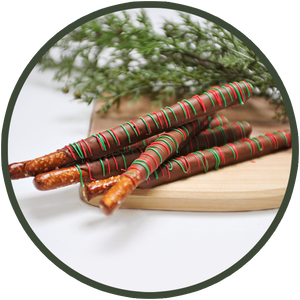 HOLIDAY PRETZEL RODS covered in chocolate