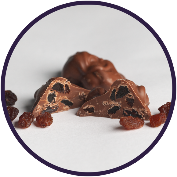 Hand dipped chocolate raisin clusters! Amish chocolates made in smalltown Kalona, Iowa.
