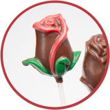 Molded decorated red rose lollipop.