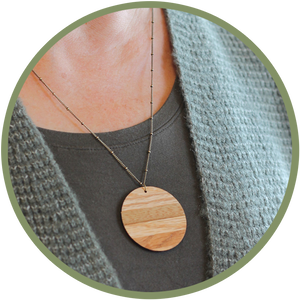 Mama Bear necklace made in Kalona Iowa by woodworkers with cherry wood.