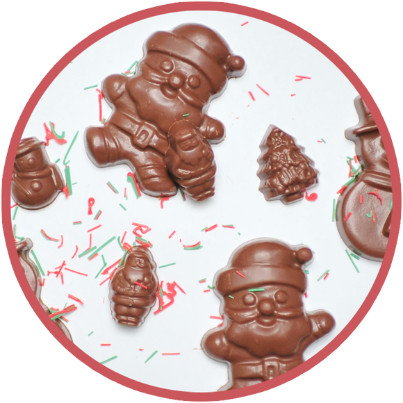 Hand molded chocolate Santas made in Kalona, Iowa.