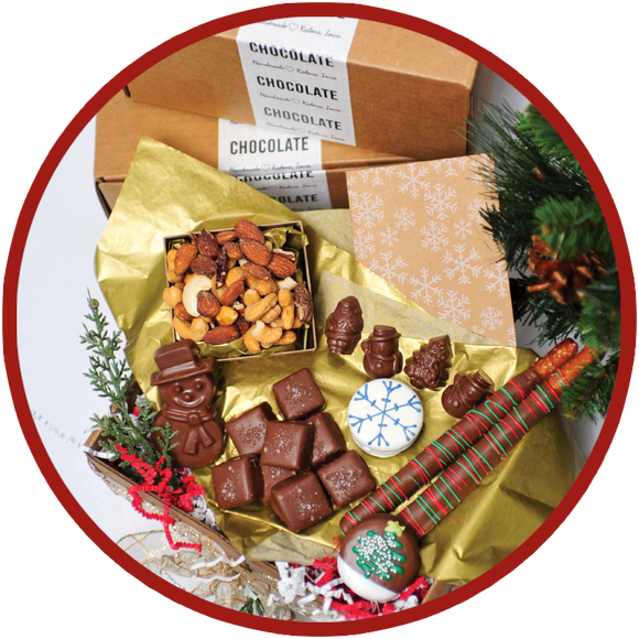 Small box of handmade chocolates to ship friends and family during the Christmas 2020 season. The chocolates are handmade in eastern Iowa.