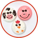 These chocolate covered oreos are decorated as cows, pigs and chickens. They were handmade in Kalona, Iowa and make great gifts for kids!