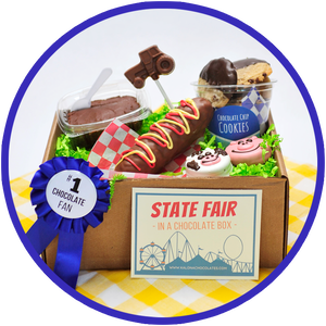The large state fair box includes several chocolate treats inspired by the fair. This gift box is sure to be a treat for any chocolate lover!